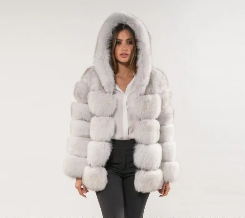 

2025 зимняя женская однотонная куртка из искусственного лисьего меха с пушистым капюшоном из искусственного меха для женщин, удобная женская верхняя одежда в клетку из искусственного меха