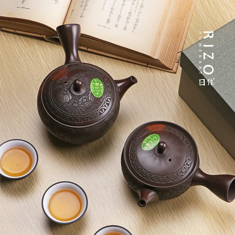 Japanese Style Tea Set, Japanese Style Tea Set, Side Handle Teapot Jade Dragon Hand-Made Kiln Baked Cherry Carving Chrysanthemum