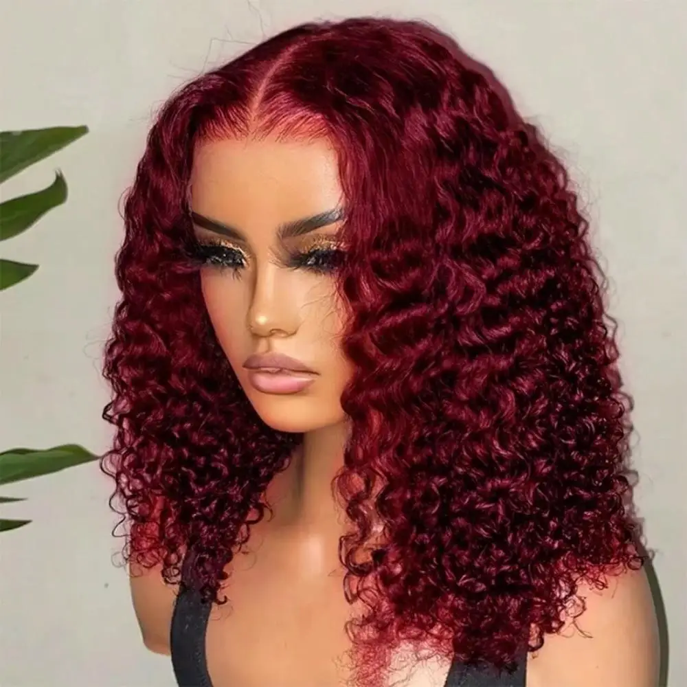

Кудрявый парик-каре из натуральных волос, плотность 180%, 13x4 HD кружевной фронт, стиль Jerry Curl, для женщин, цвет 99J бордовый, предварительно проработанный, глубокая волна, эффект мокрых волнистых волос, без клея