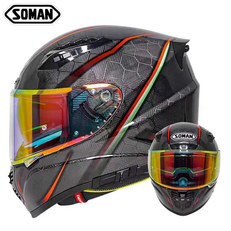 SOMAN Serpentine Carbon Fiber Motorcycle Helmet Full face Double lens off road helmet Color lens Cascos para moto DOT Approved