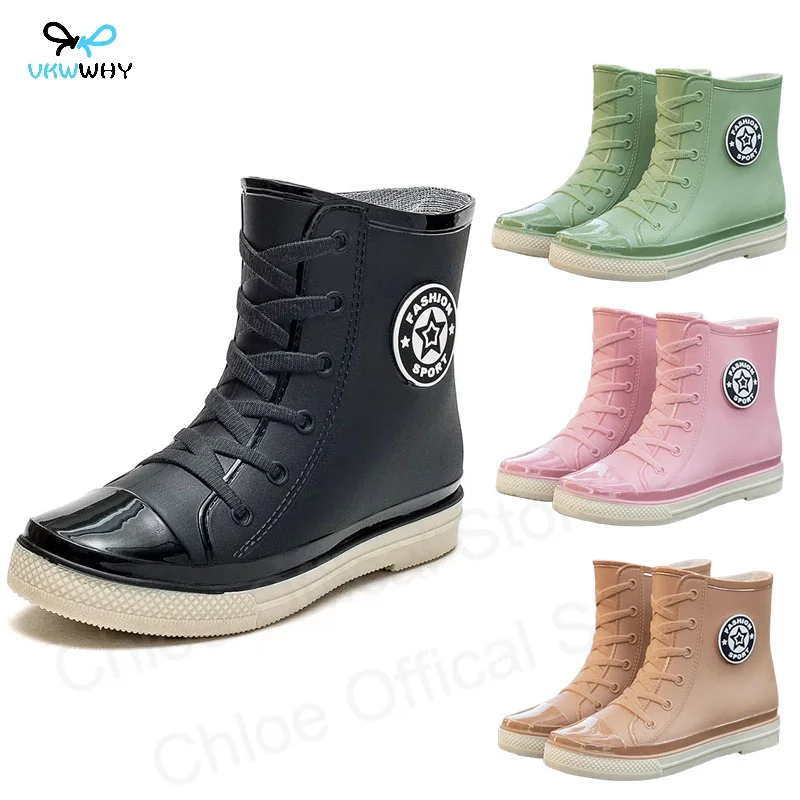 

2025 Fashion Trendy Rain Boots Female Waterproof Ankle Boots Non-slip Short Tube Rubber Shoes Summer Low Heeled Single Lining