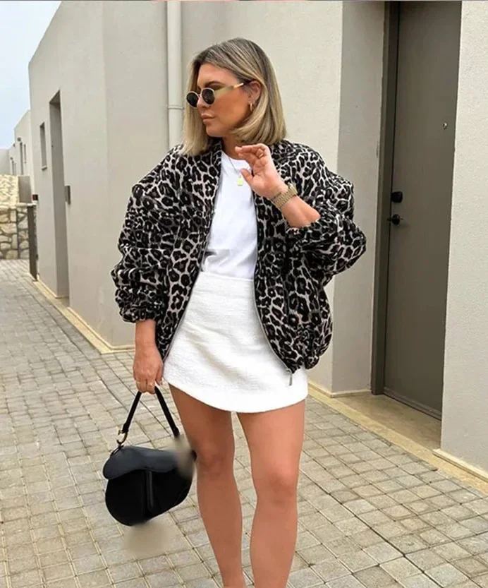 

Retro Leopard Print Cotton Coats Women Autumn Chic O-neck Long Sleeve Zipper Jackets 2024 Female Winter Warm High Street Outwear