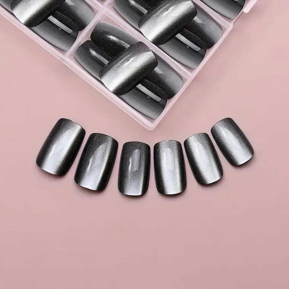 120 Stück kurze quadratische Katzenaugen-Nägel zum Aufdrücken, glänzender Glitzer, schwarze Katzenaugen-Kunstnägel, vollständige Abdeckung, tragbare Katzenaugen-Kunstnägel