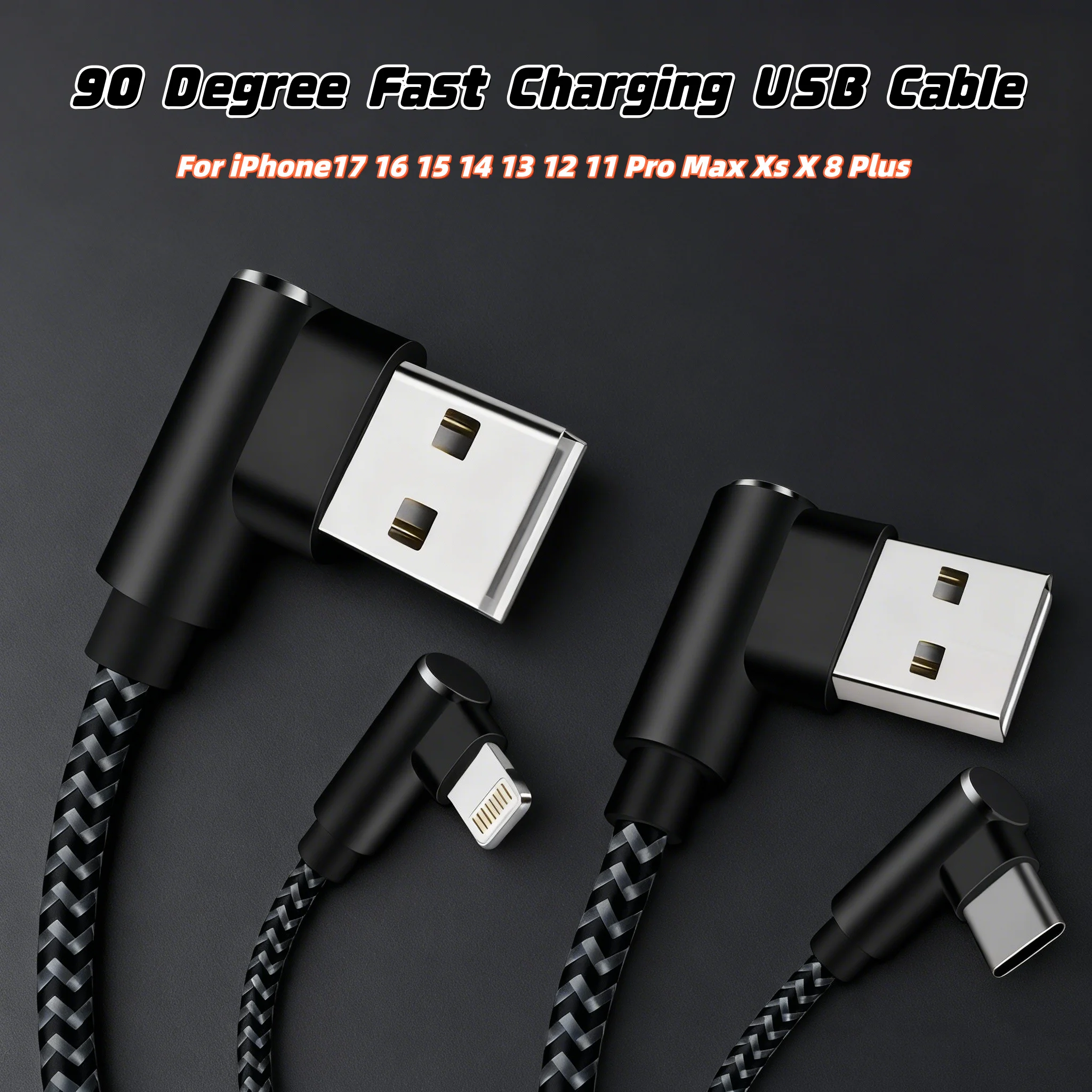  ANSEIP Fast Charging USB Cable Type-C 90 Degree Lightning Data For iPhone17 16 15 14 13 12 11 Pro Max Xs X 8 Plus Cable 2.4A