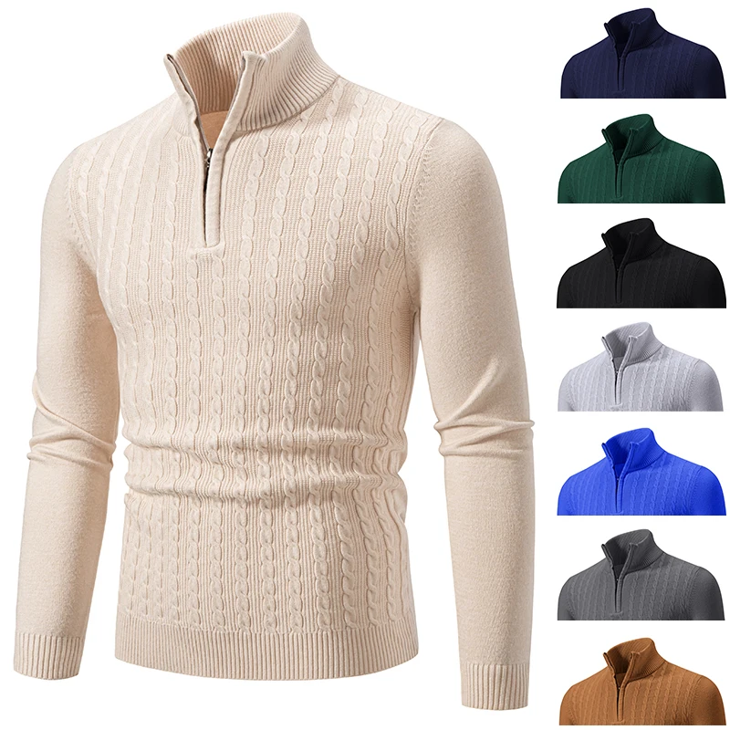 

Autumn Men's Semi-turtleneck Zipper Sweater Men's Winter Twist Sweater Casual Solid Pullover Long-sleeved Knitted Sweater