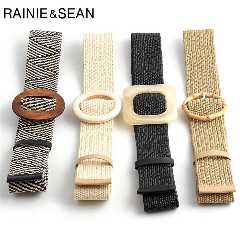 

RAINIE SEAN Bohemian Straw Braided Wide Belt for Women Wood Buckle Ladies Dress Belt Fashion Female Strap Accessories Elastic