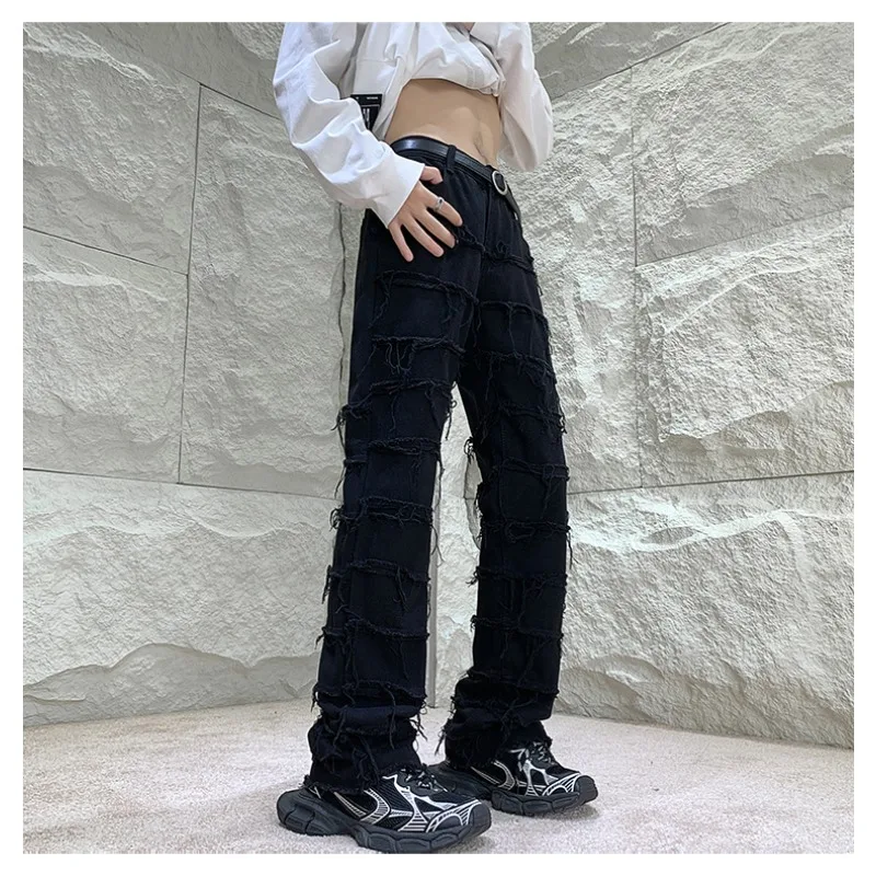 American High Street Vibe Trendy Black Jeans Men's Street Hip-hop Tassel Dance Pants Fashion Straight Slim Denim Trousers