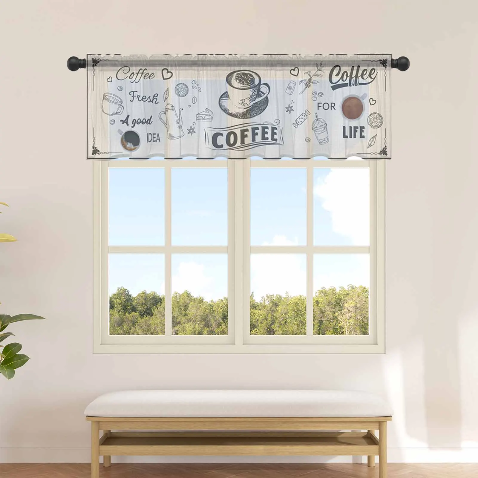 Coffee Text Coffee Bean Short Stroke Kitchen Sheer Curtains Tulle Short Curtain Bedroom Living Room Voile Drapes Home Decor