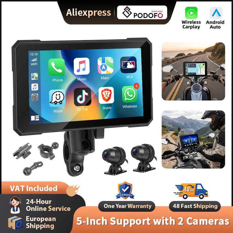 Podofo 5-Zoll Kabelloser CarPlay Android Auto Tragbarer Smart Player Auto-DVR IP67 Wasserdichter Videorekorder Armaturenbrett-Autobildschirm Videorekorder Touchscreen mit 2 Kameras