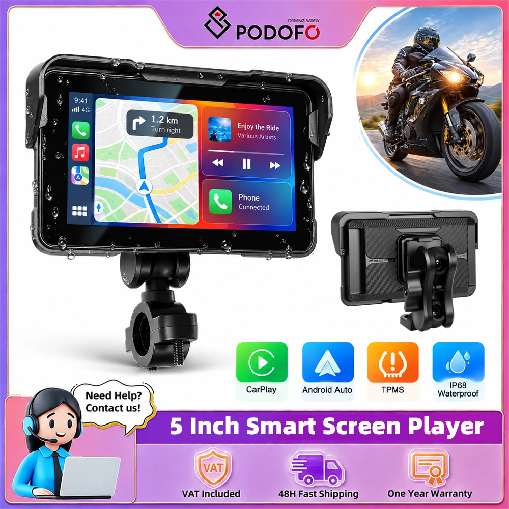 Podofo, cruscotto digitale per moto da 5 pollici, con Carplay wireless, Android Auto, lettore multimediale portatile, radio stereo HD, impermeabile IP68, Wi-Fi e sistemi di guida intelligenti.