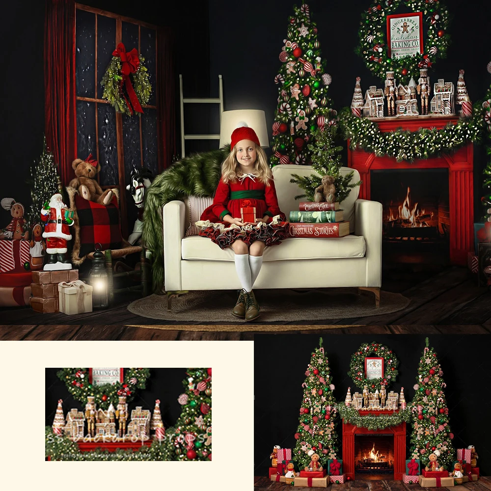 Gingerbread Xmas Fireplace Backdrops Children Portrait Adult Photocall Livingroom Christmas Trees Background For Photostudio