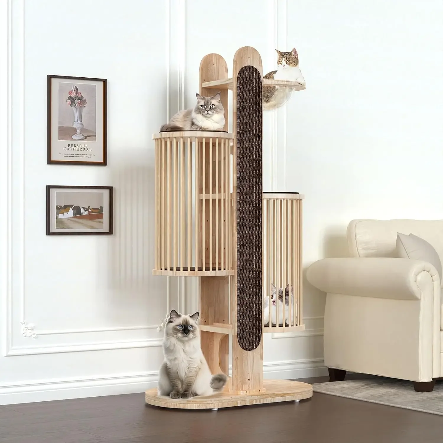 

Tall Wooden Cat Tree Tower With Scratching Posts Big Bed Cushions House For Indoor Large Cats Brown