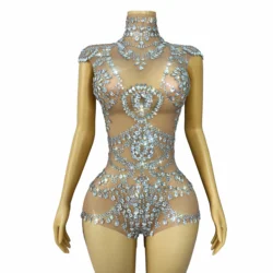 Luxury Blingbling Silver Rhinestones Leotard Sexy Transparent Nude Mesh Stretch Costume Club Party Dance Perform Outfit Hualian