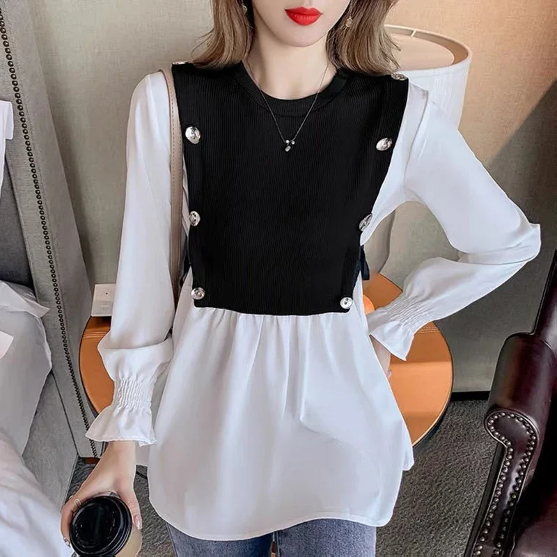 Zoete O-Hals Knoop Gesplitst Nep Twee Stukken Blouses Dameskleding Herfst Winter Losse Casual Tops Prinses Mouw Shirts X803