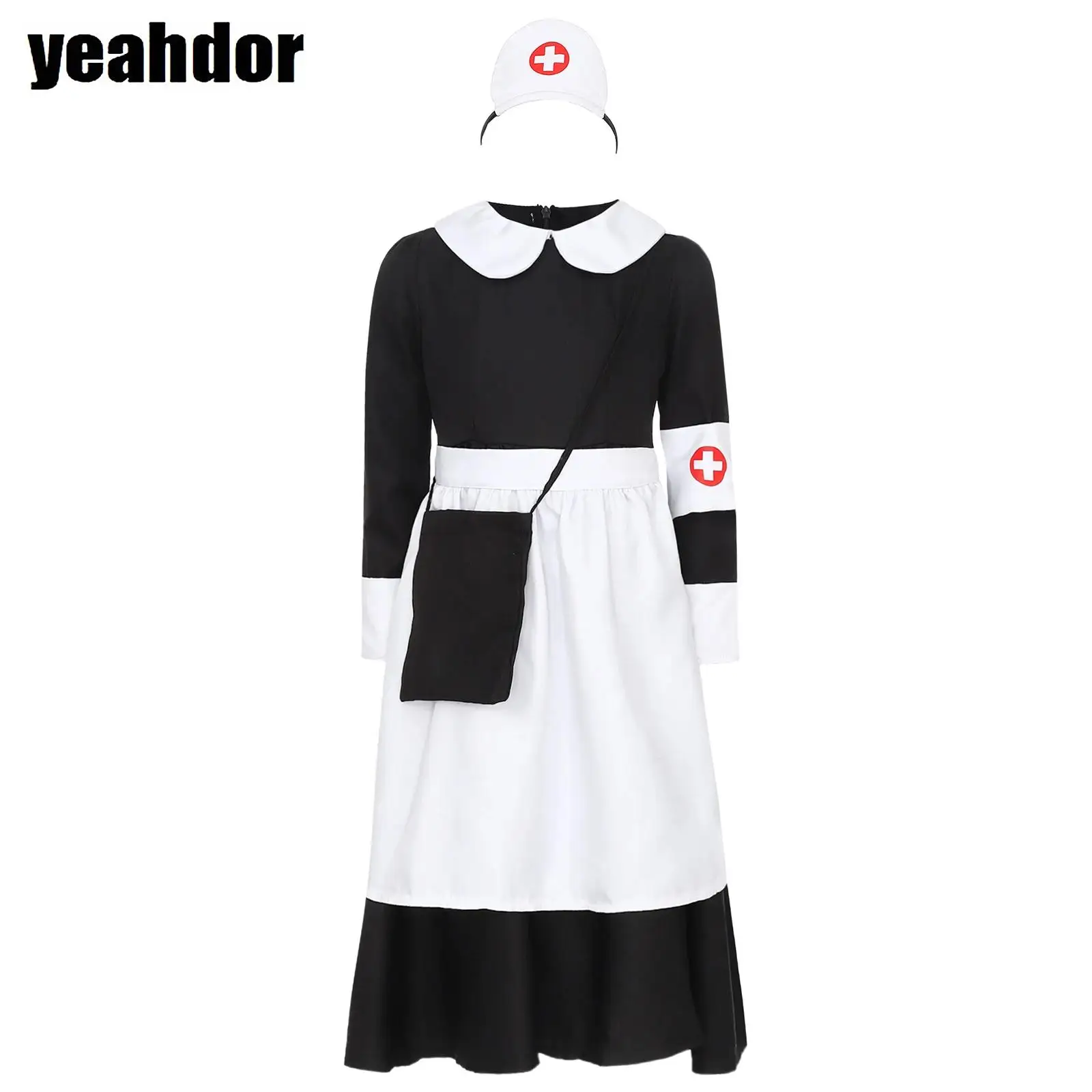 Костюм медсестры из 4 предметов для девочек, платье с отложным воротником и длинными рукавами, рюшами и крестообразным принтом, головной убор, повязка на руку, фартук, платье медсестры на Хэллоуин
