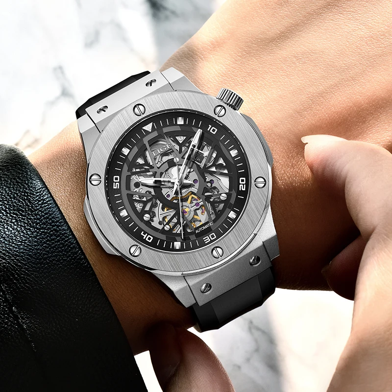 LIGE Tourbillon Watches Brand Luxury Silicone Men Watches Fashion Automatic Movement Watch Man Waterproof Mechanical Wristwatch