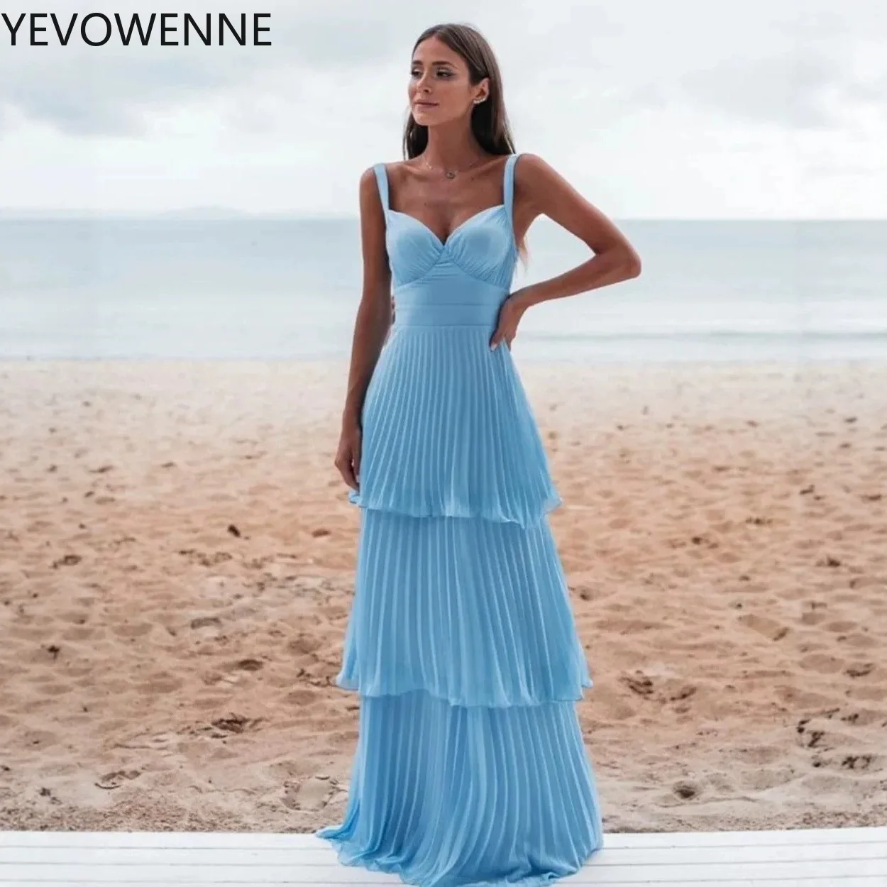 Elegant Women Tiered Long Prom Dress Spaghetti Strap Sexy V Neck Evening Gowns Chic Simple Party Dresses