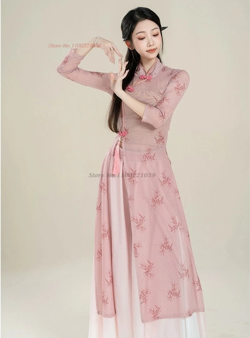 

2026 chinese vintage dance costume mesh cheongsam dress+pants set oriental flower print folk dance stage performance dance qipao