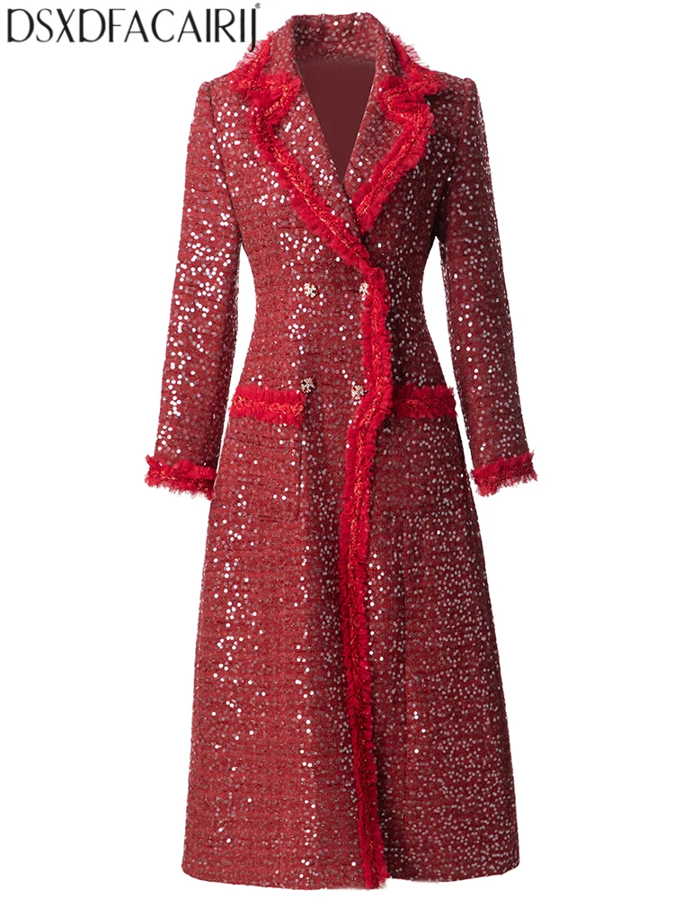 

DSXDFACAIRIJ женская двубортная твидовая верхняя одежда с отложным воротником и длинными рукавами, модная зимняя женская одежда с блестками