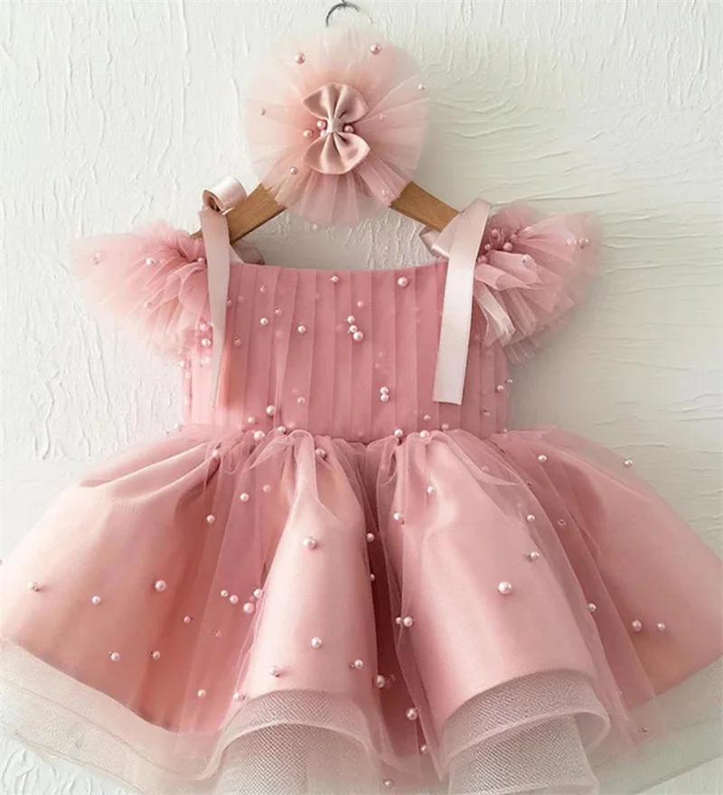 Kids Baby Princess Tulle Pearls Bow Flower Girl Dresses First Communion Dresses Birthday Christmas Gift Wedding Party Birthday