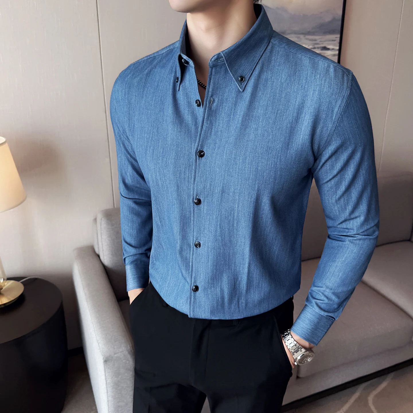 

2025 Imitation Denim Business Dress Shirt for Men Autumn Winter Long Sleeve Casual Shirts Versatile Office Social Uniform Shirt