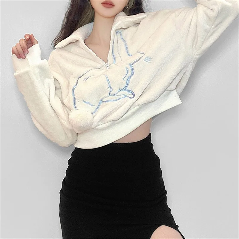 

Women's Cute Sweet Loose Fashion Rabbit Embroidery Half Zipper Long Sleeve Sweater Women Y2k Shirt 2023 Autumn and Winter New