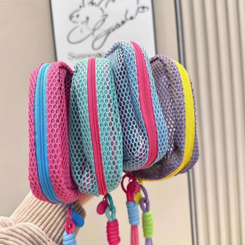 Color Block Mesh Cosmetic Storage Bag, Ultra Lightweight Zipper Pouch, Portable Mini Wallet, Great for Holding Keys, Earphones,