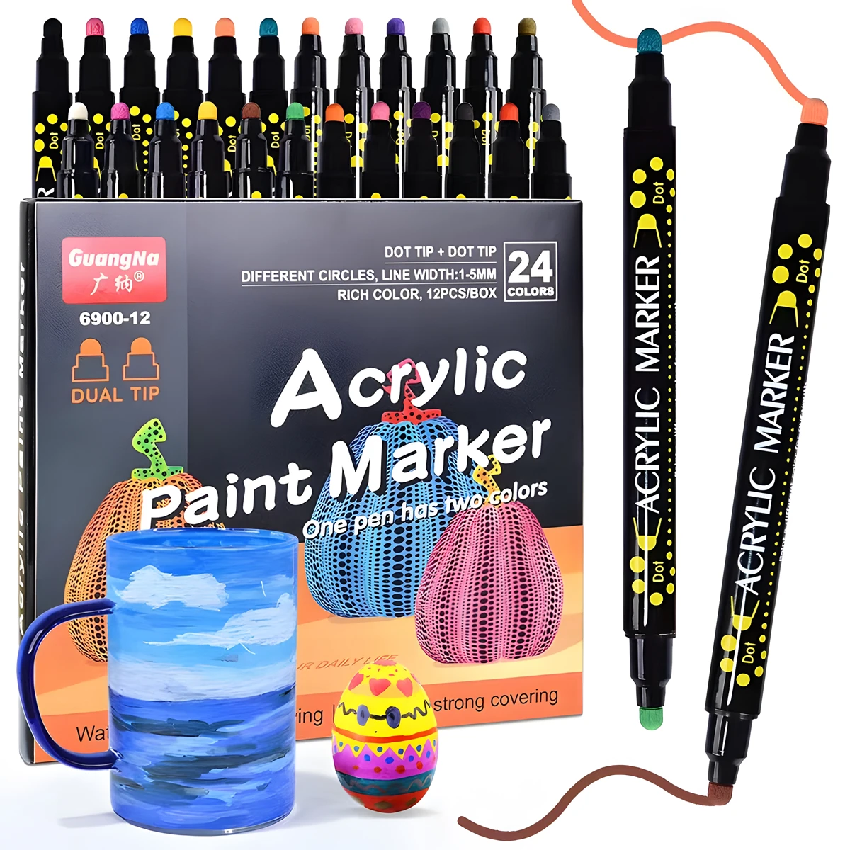 24 Colors Dual Tip Dual colors Dot Acrylic Paint Pens Markers for Wood Canvas Rock Painting Glass Ceramic Making Art Supplies