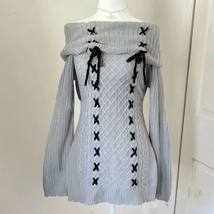 Sweater Dress y2k Clothes Women Solid Color Off Shoulder Long Sleeve Knitted Mini Dress Gothic Party gray Dresses Streetwear Emo