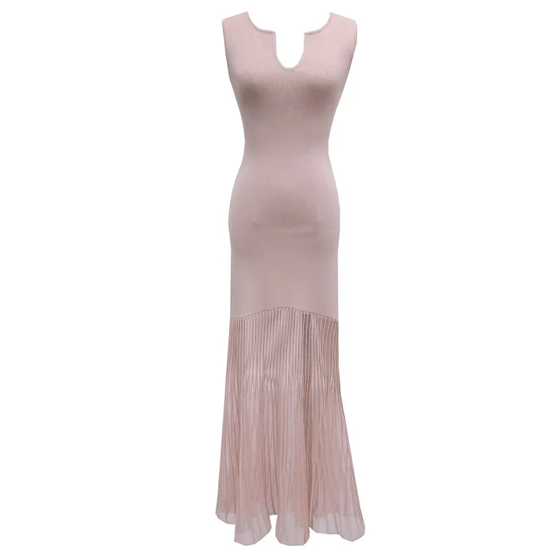 8003 Biała Sukienka Syrenka z Okrągłym Dekoltem, Warstwowa, z Dekoltem w Serek, Bez Rękawów, Podkreślająca Talię, z Jedwabiu Lodowego, Przezroczysta, z Organzy, z Elementami Patchworkowymi, Długa