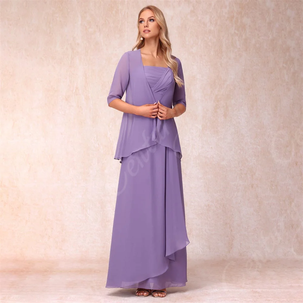 Robe de mariage 2 pièces personnalisée pour la mère de la mariée, col carré, longueur de rinçage, ligne A, fête de mariage pour les invités, gala de soirée