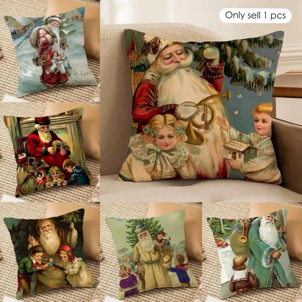 Retro Christmas Santa Claus Cushion Cover Silky Short Plush Invisible Zipper Dustproof Sofa Pillow Case For Home Decor