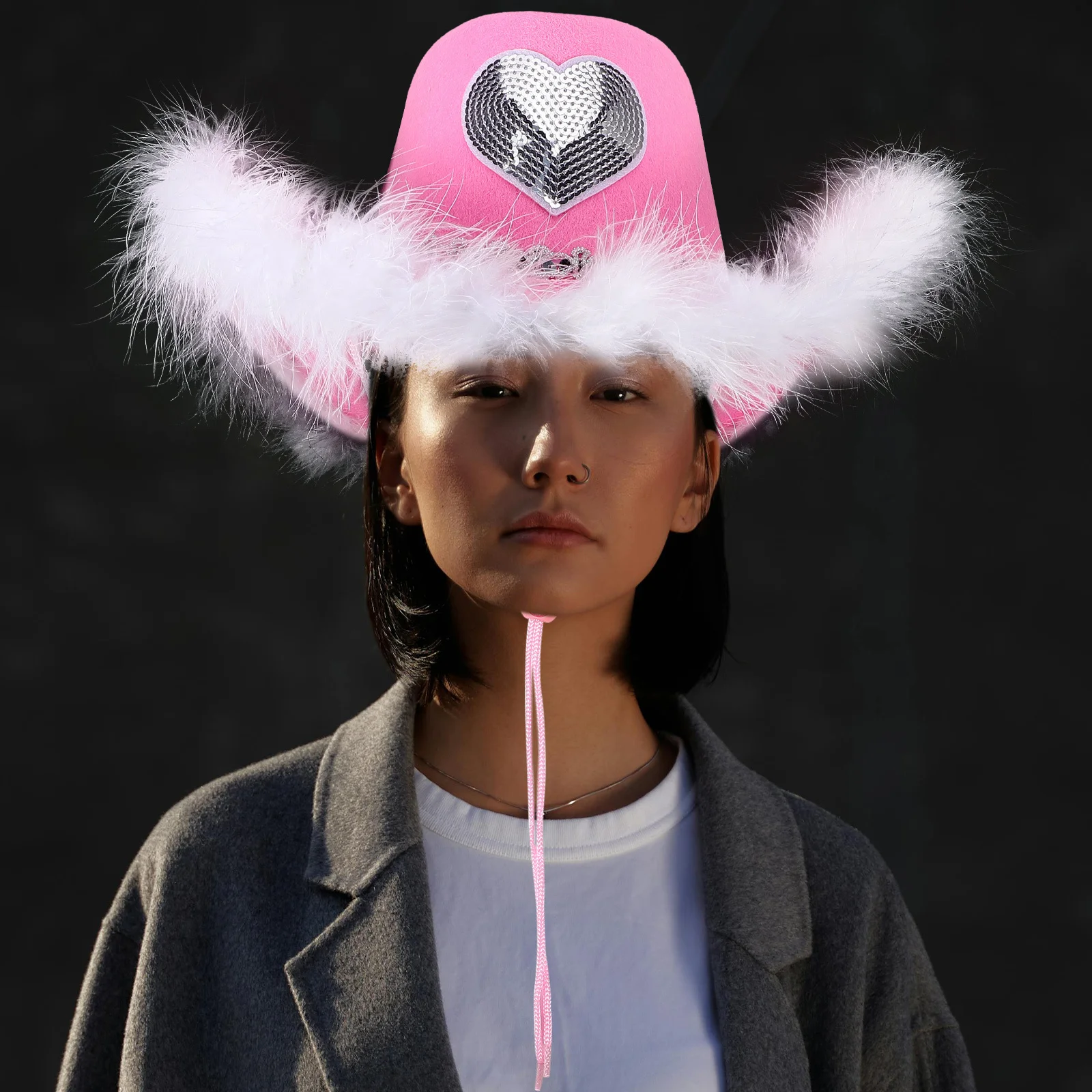 

Pink Cowgirl Hat with Heart Design Valentine Wide Brim Party Hat for Women Decorative Western Style Pink Party Hats