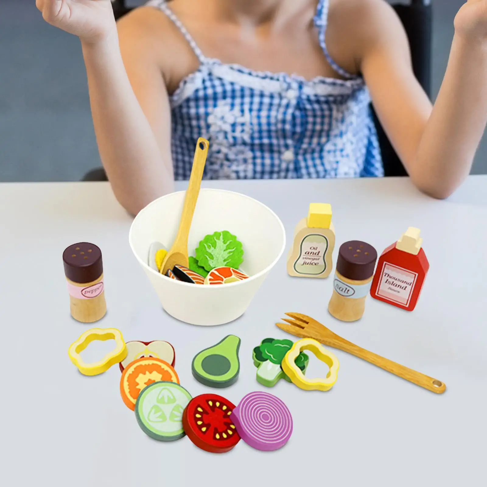 Wooden Play Salad Set Pretend Salad Play, Food Learning, Color Sorting with Utensils, Ingredients for Gathering Education