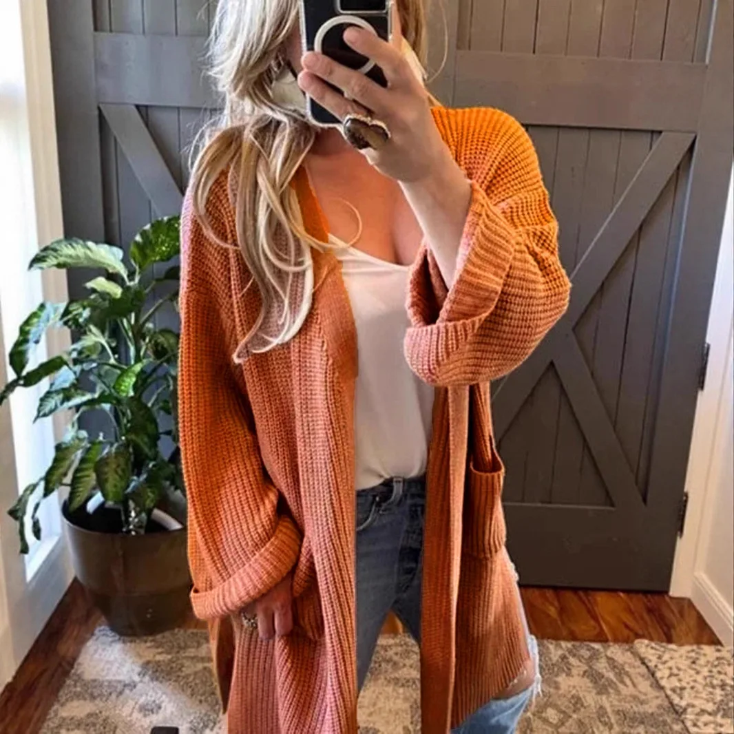 European and American autumn and winter women's clothing 2025 solid color casual loose  foreign trade coarse needle long sweater