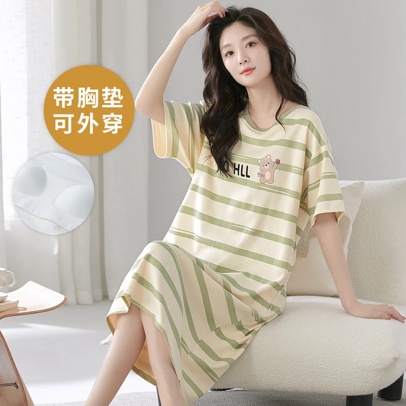 Summer Nightgowns with chest pad integrated Striped Nightdress Cotton Short-sleeved Women's loungewear Cartoon Sweet Sleepwear