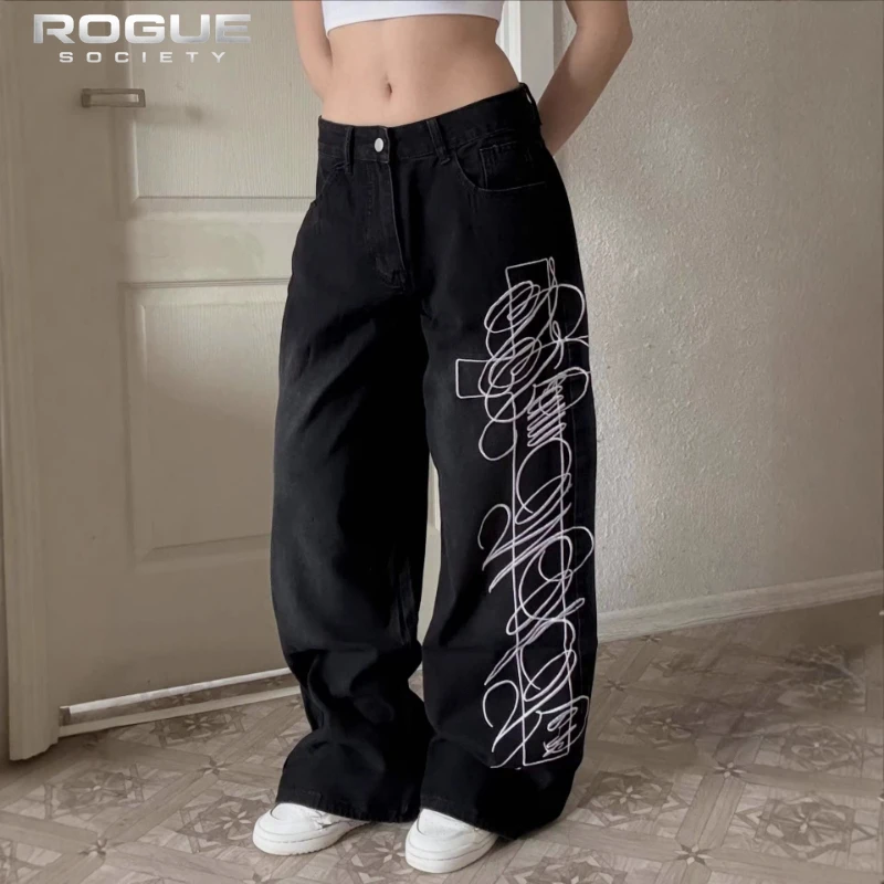 

Y2K American High Street Retro Streetwear Jeans Unisex Gothic Cross Print High Waist Wide Leg Baggy Pants Men Harajuku Casual