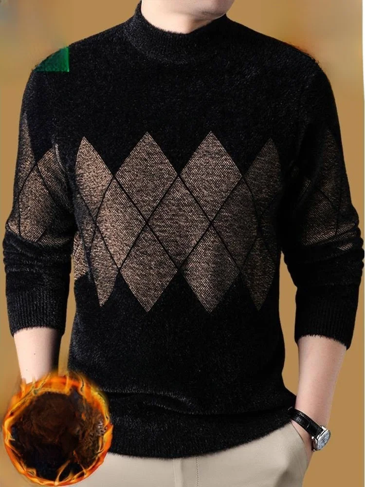 

Мужской зимний утепленный свитер из флиса с подкладкой из норки, с высоким воротником, теплый базовый слой, шерстяная рубашка, модный городской стиль, вязаный джемпер