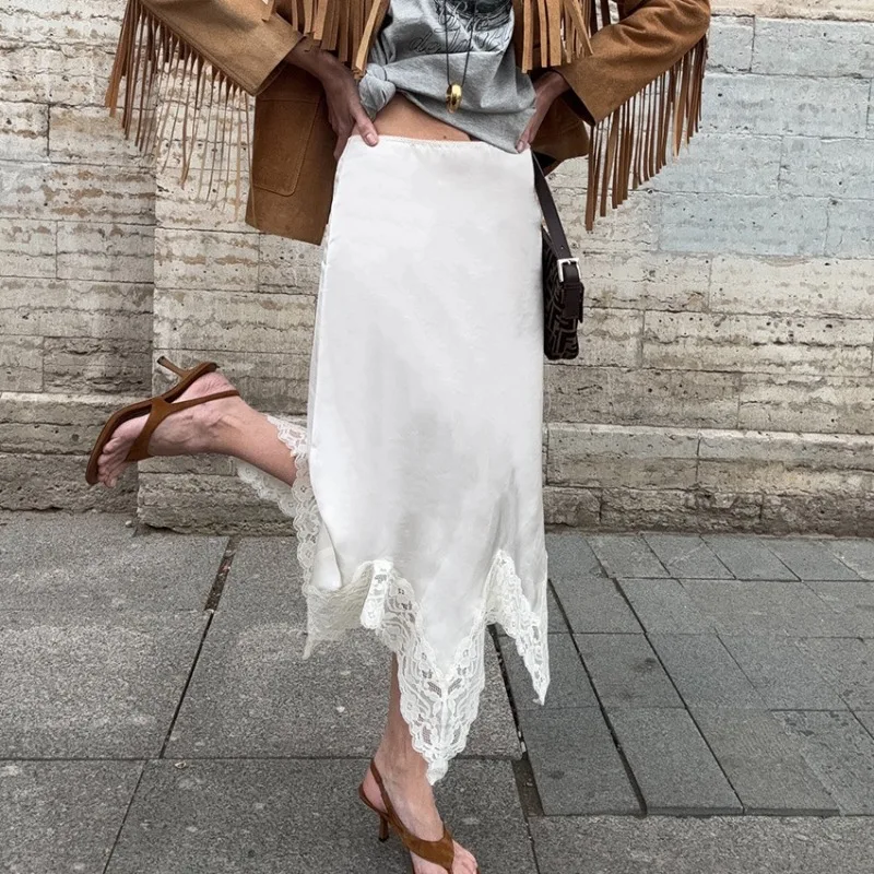 

Tuularose белая атласная юбка модная кружевная лоскутная асимметричная юбка элегантная вечерняя клубная офисная женская однотонная новая женская юбка макси