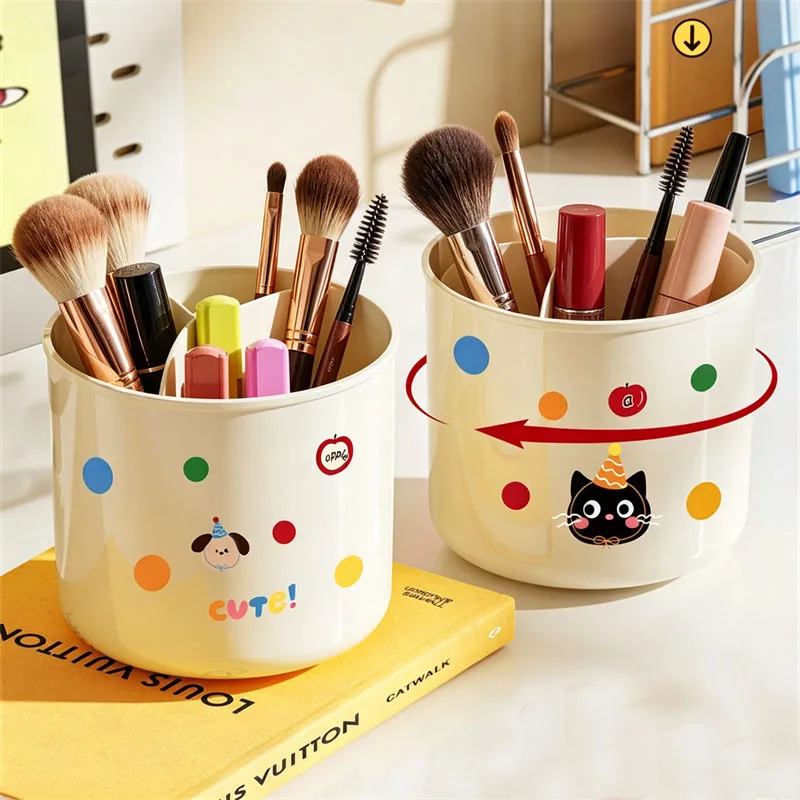 

360° Rotating Makeup Brush Holder Spinning Makeup Brushes Organizer with Random Stickers Multi-Grid Cosmetic Tools Storage Box