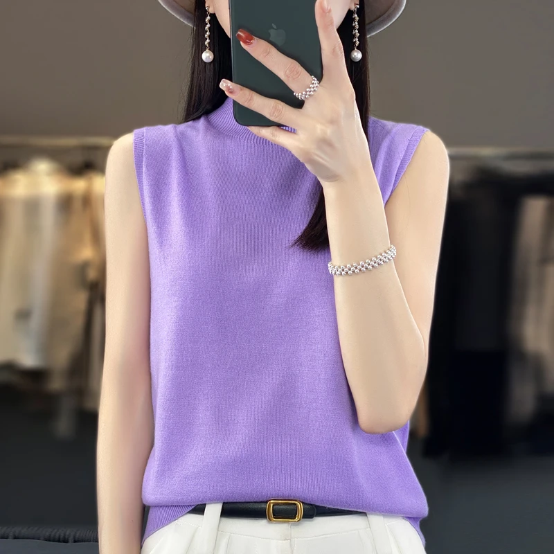 Women\'s T-shirt Spring and Summer 100% Pure Wool T-shirt Slim Fit Knitted Pullover Half High Neck Casual Sleeveless Top