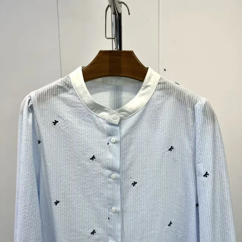 Korean Style Butterfly Knot Color Block Striped Shirt Women's Spring Autumn Loose Fashion Sweet Personality Youthful Top