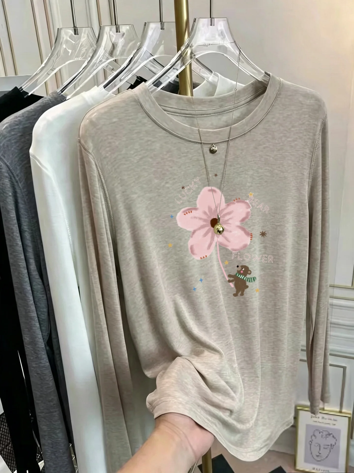 Korean Style Women's Long Sleeve T-Shirt Soft Sunscreen Print Thin Base Layer Mask Design Cotton Top Early Autumn Fashion