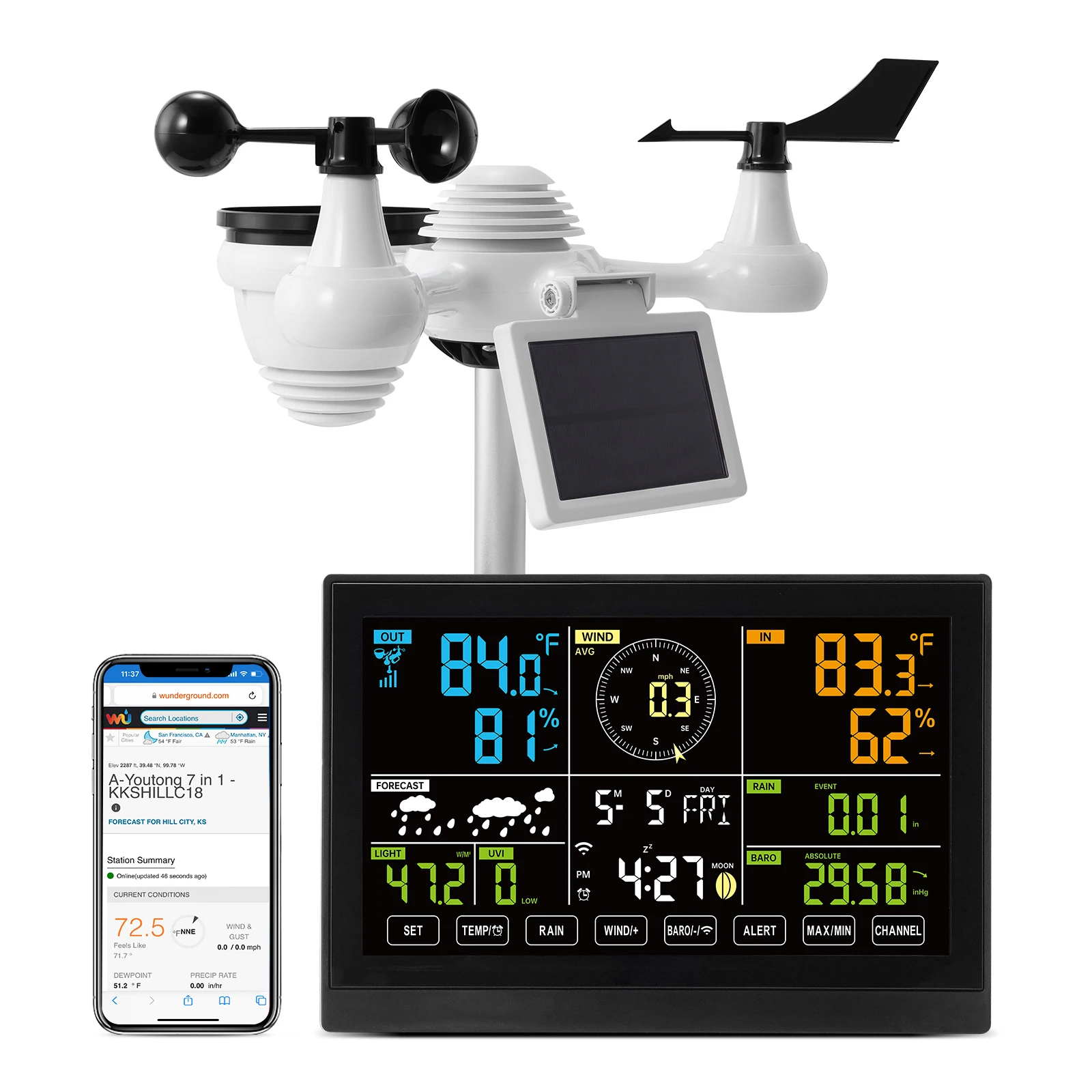 SucceBuy Estación meteorológica Wi-Fi 7 en 1 Pantalla a color de 7,5 pulgadas + alertas de alarma con sensor solar inalámbrico para exteriores para temperatura y humedad