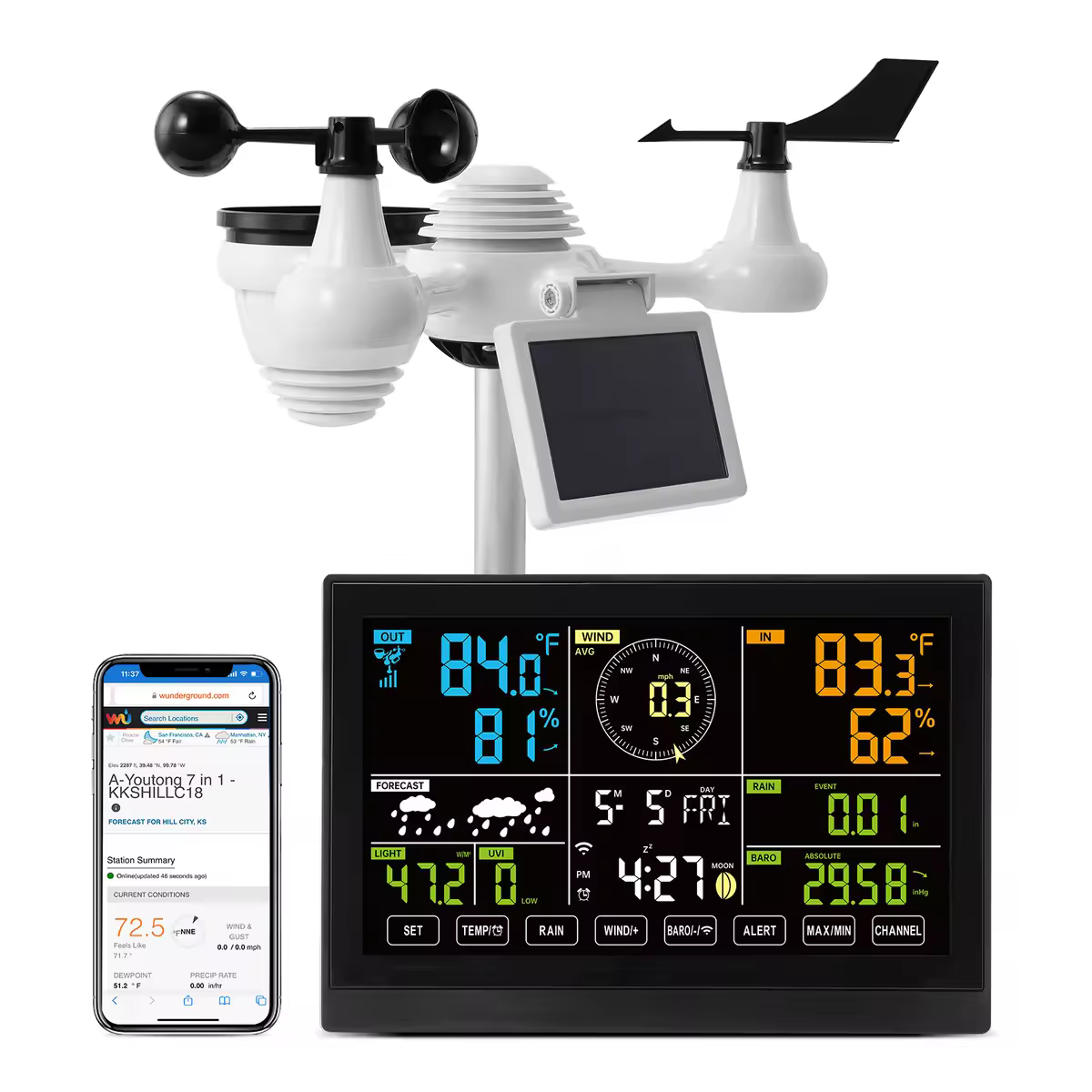 SucceBuy 7-in-1 Wi-Fi-weerstation 7,5 inch kleurendisplay + draadloze buitensensor op zonne-energie Alarmwaarschuwingen voor temperatuur- en vochtigheidswaarschuwingen