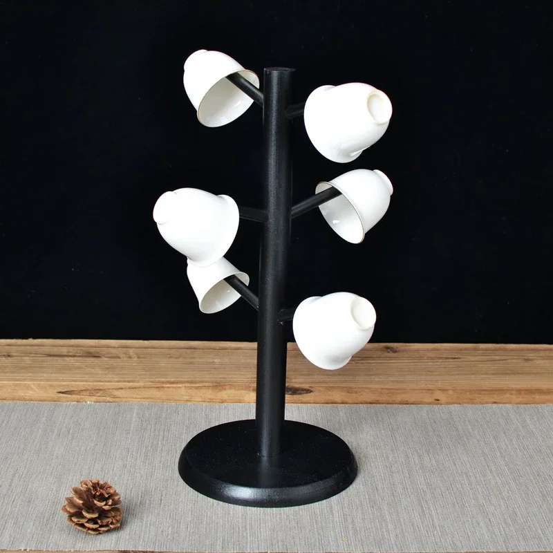 1Pcs Bamboo Mug Hanging Display Rack Drinkware Shelf With 6 Hooks Tree Shape Wood Coffee Tea Cup Storage Holder Stand