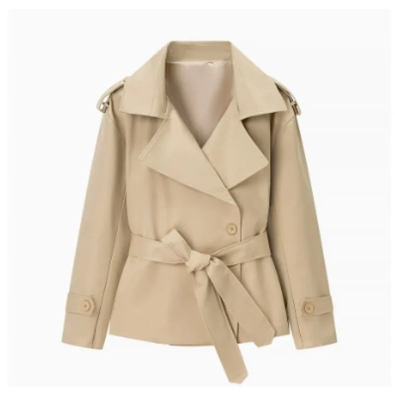 Aliexpress's Best-selling Cross-border European and American Style Women's Solid-color Belted Short Jacket Trench Coat Fashion