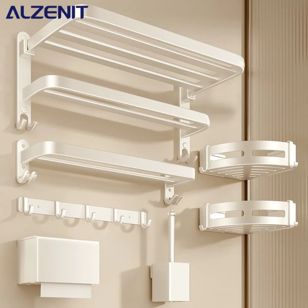 

Cream Style Towel Rack Bath Towel Storage Holder Wall Mounted Space Aluminum Hanging Pole Toilet Brush Bathroom Accessories Set