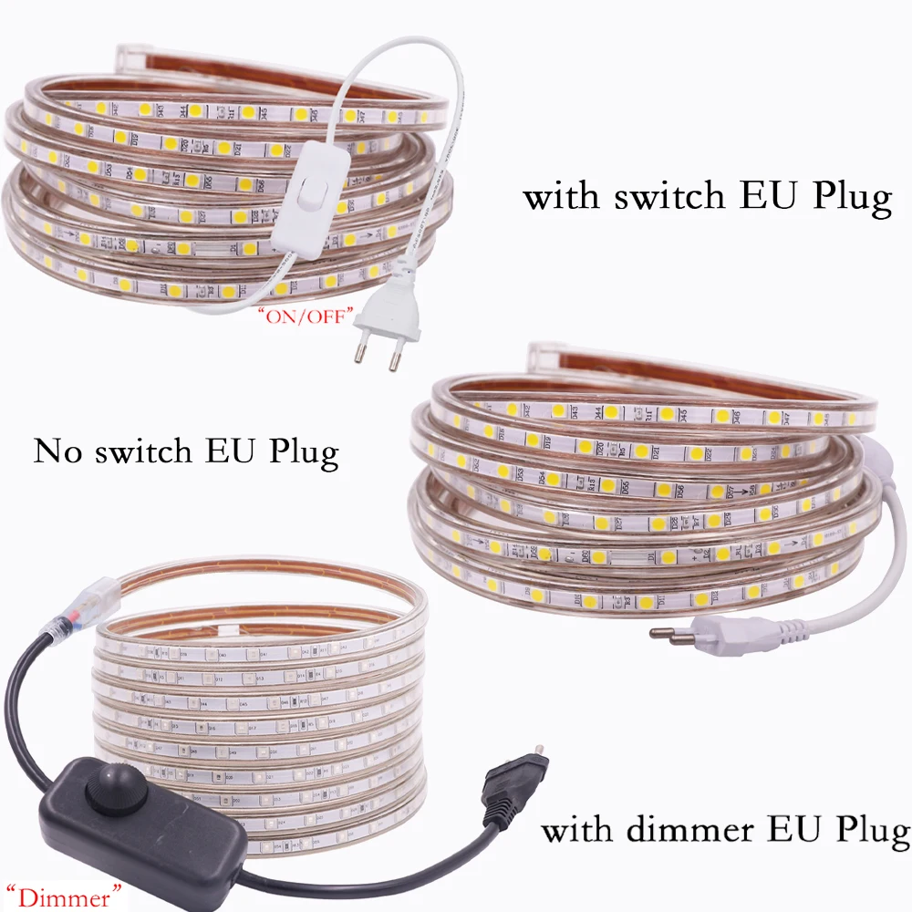 Sakelar ON/OFF AC 220V Lampu Strip LED Dapat Diredupkan 5050 60LED/M Merah Hijau Biru Putih Hangat Lampu Ruangan Tahan Air Steker UE Lampu Fleksibel