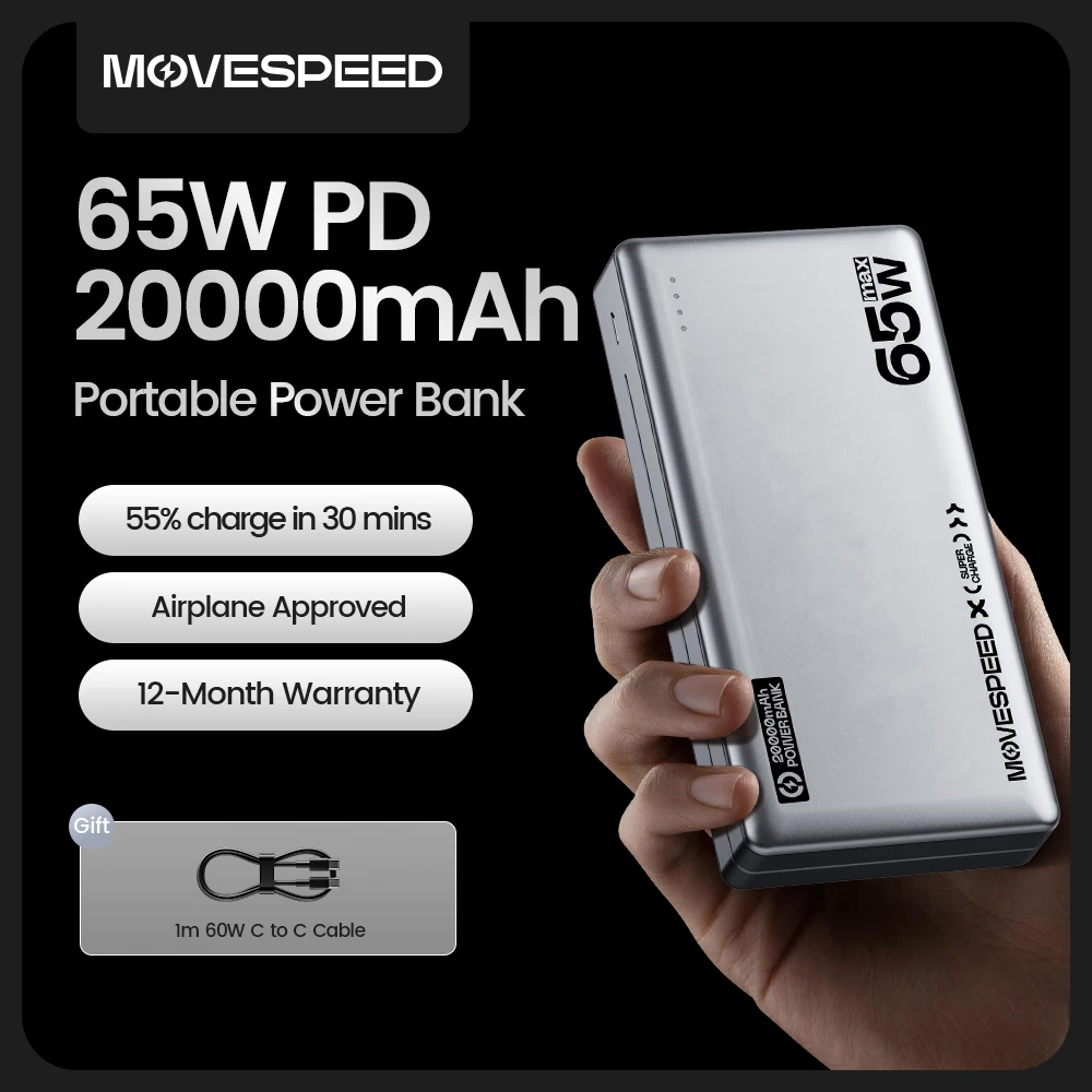 MOVESPEED E20 20000mAh Power Bank 65W ประเภท C Fast ชาร์จภายนอกแบตเตอรี่แบบพกพา Charger Powerbank สําหรับ MacBook Lenovo แล็ปท็อป